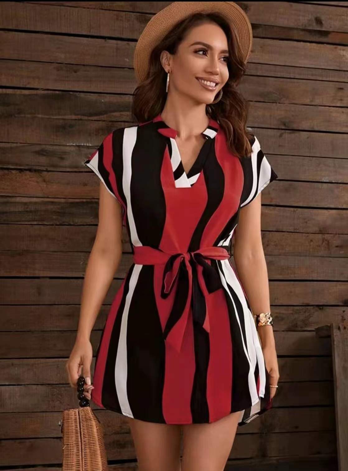 Leonora - Striped Midi Dress with V-Neck Straps