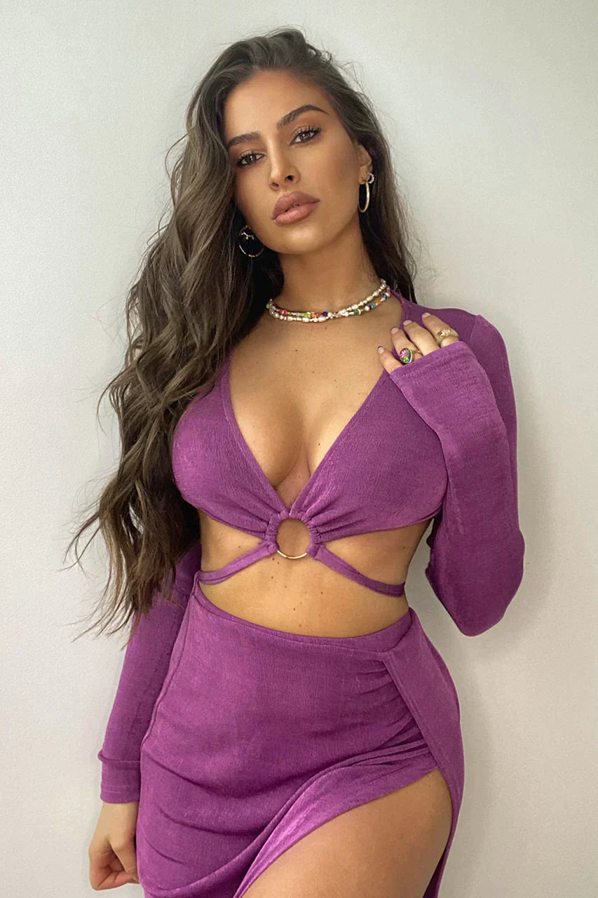 Lucy Sexy | V-Neck ring strappy crop top and slit skirt Set