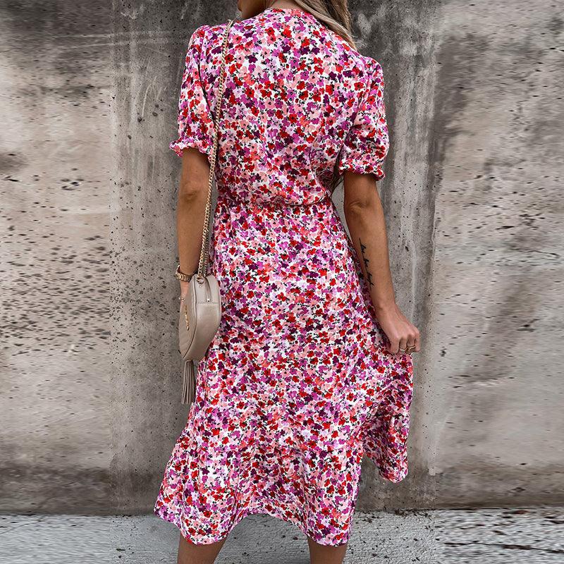 Belinda - Elegant Blooming Midi Dress with V-Neck Charm