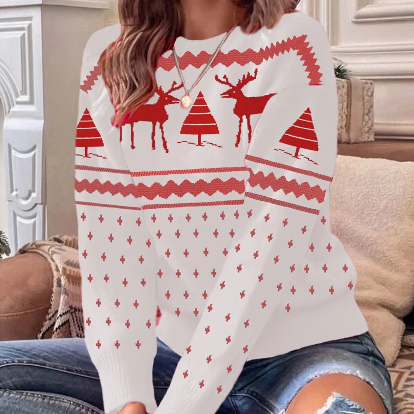 Sabrina - Christmas Elk Print Casual Knit Sweater