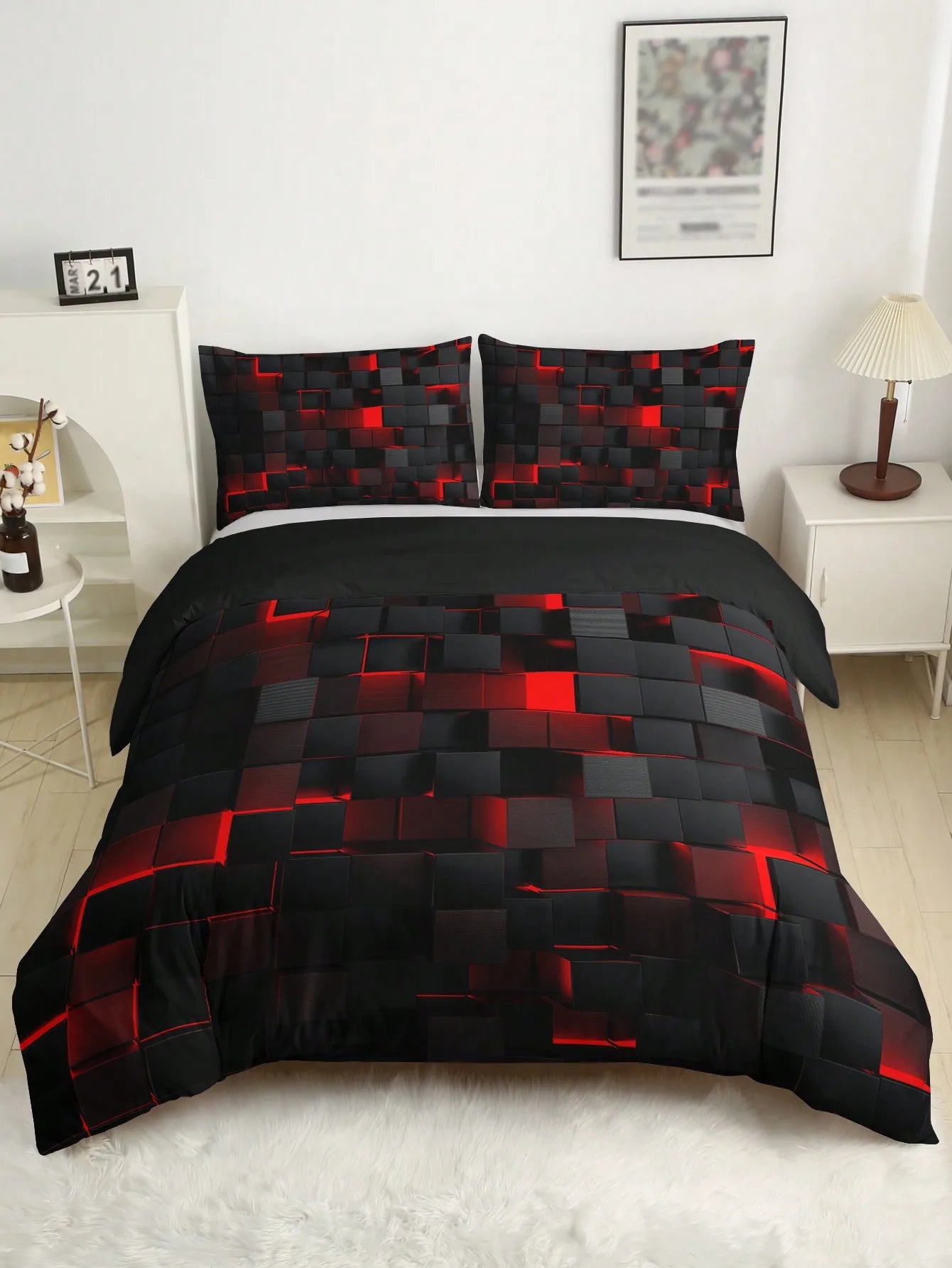 GridLuxe - modern bedding set with dynamic red grid