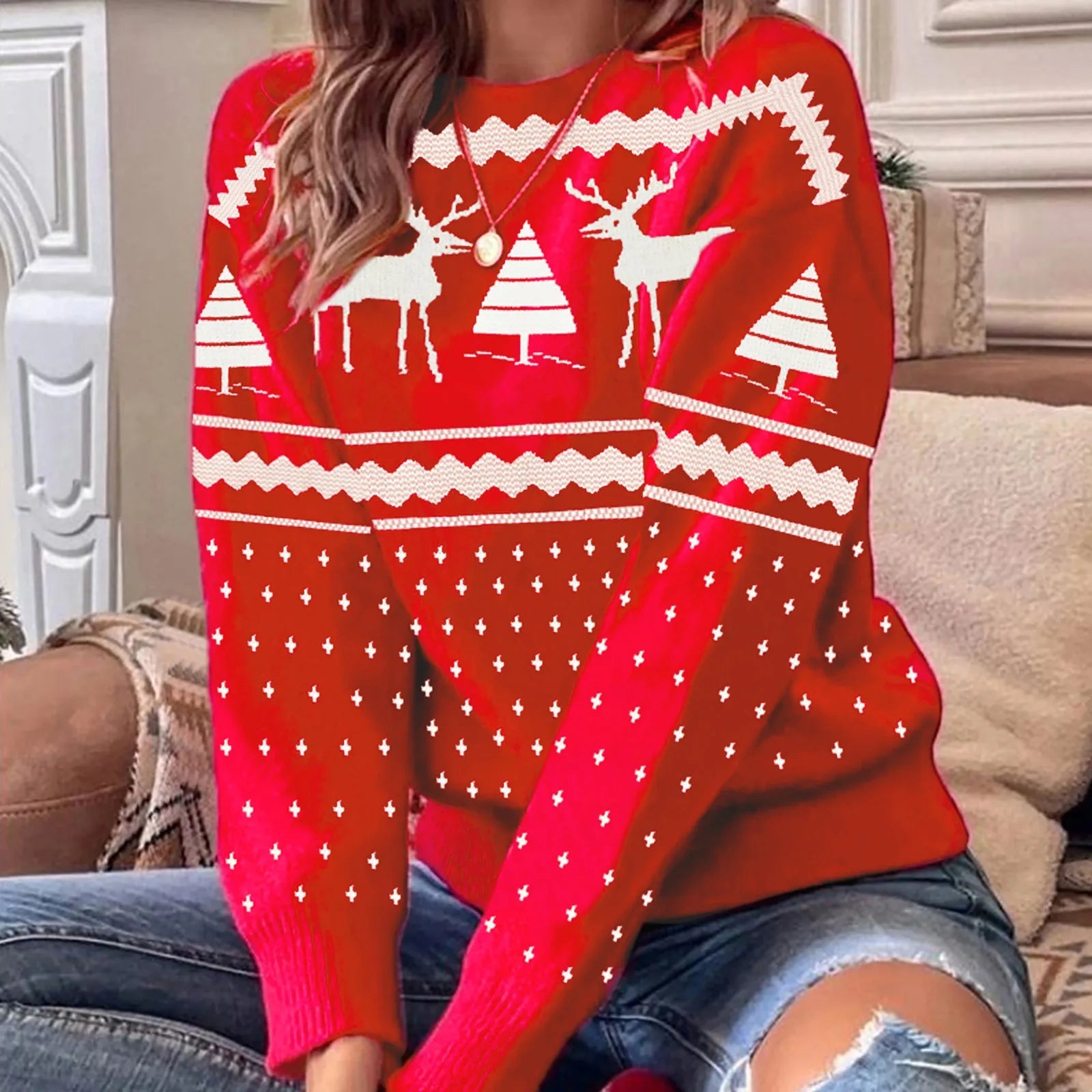 Sabrina - Christmas Elk Print Casual Knit Sweater