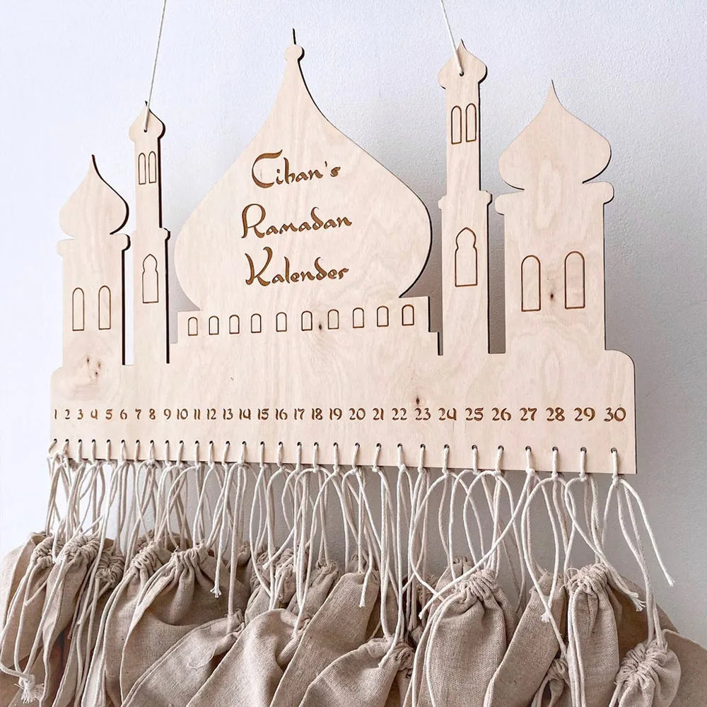 Ramadans Castle Burlap Bag Pendant Wooden Countdown Calendar