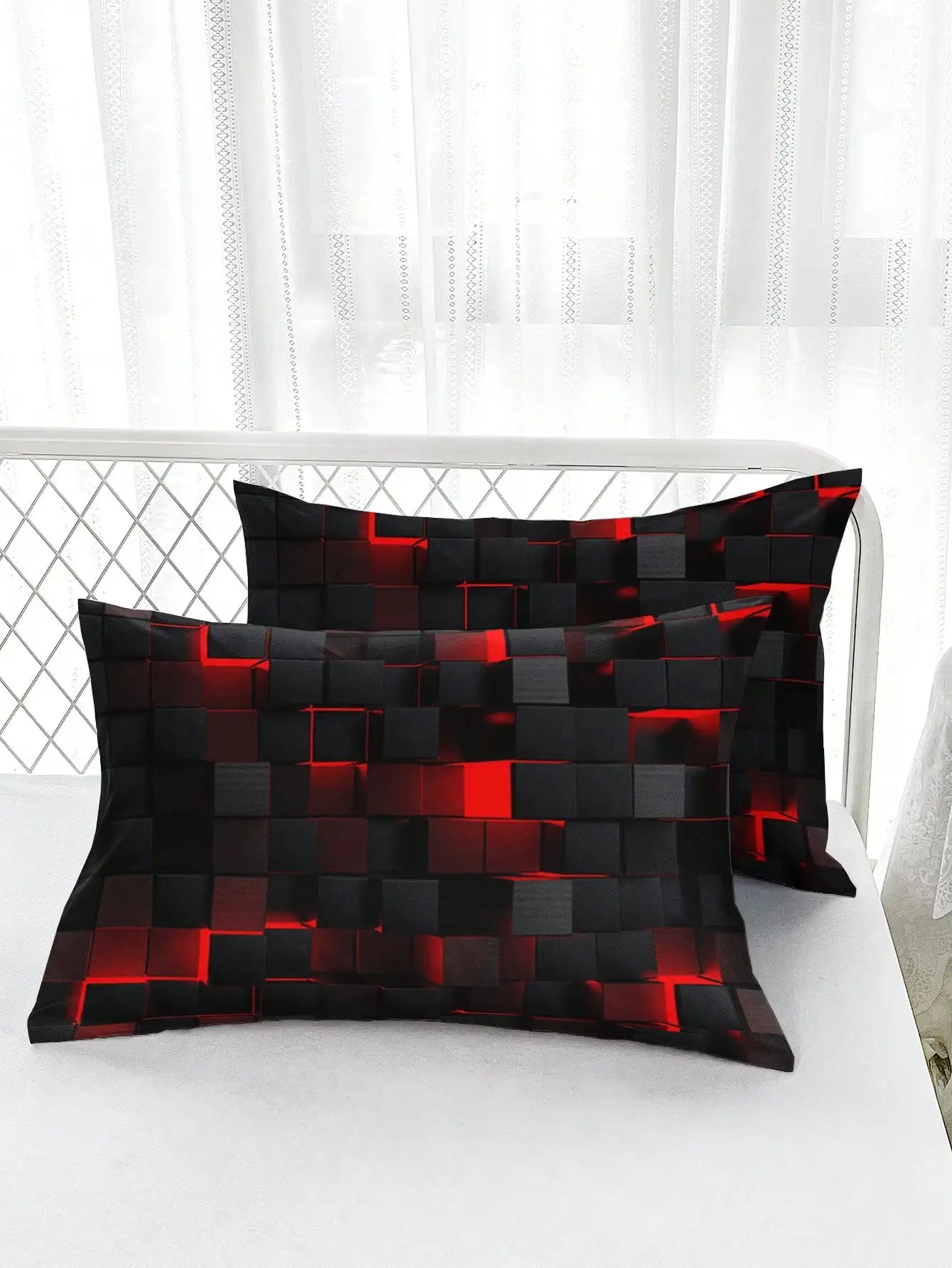 GridLuxe - modern bedding set with dynamic red grid