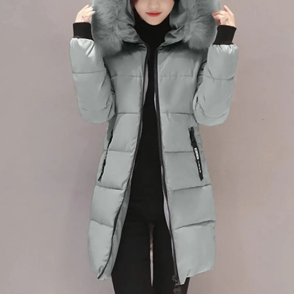 Zoe - Medium length jacket with hood, zipper, and pockets