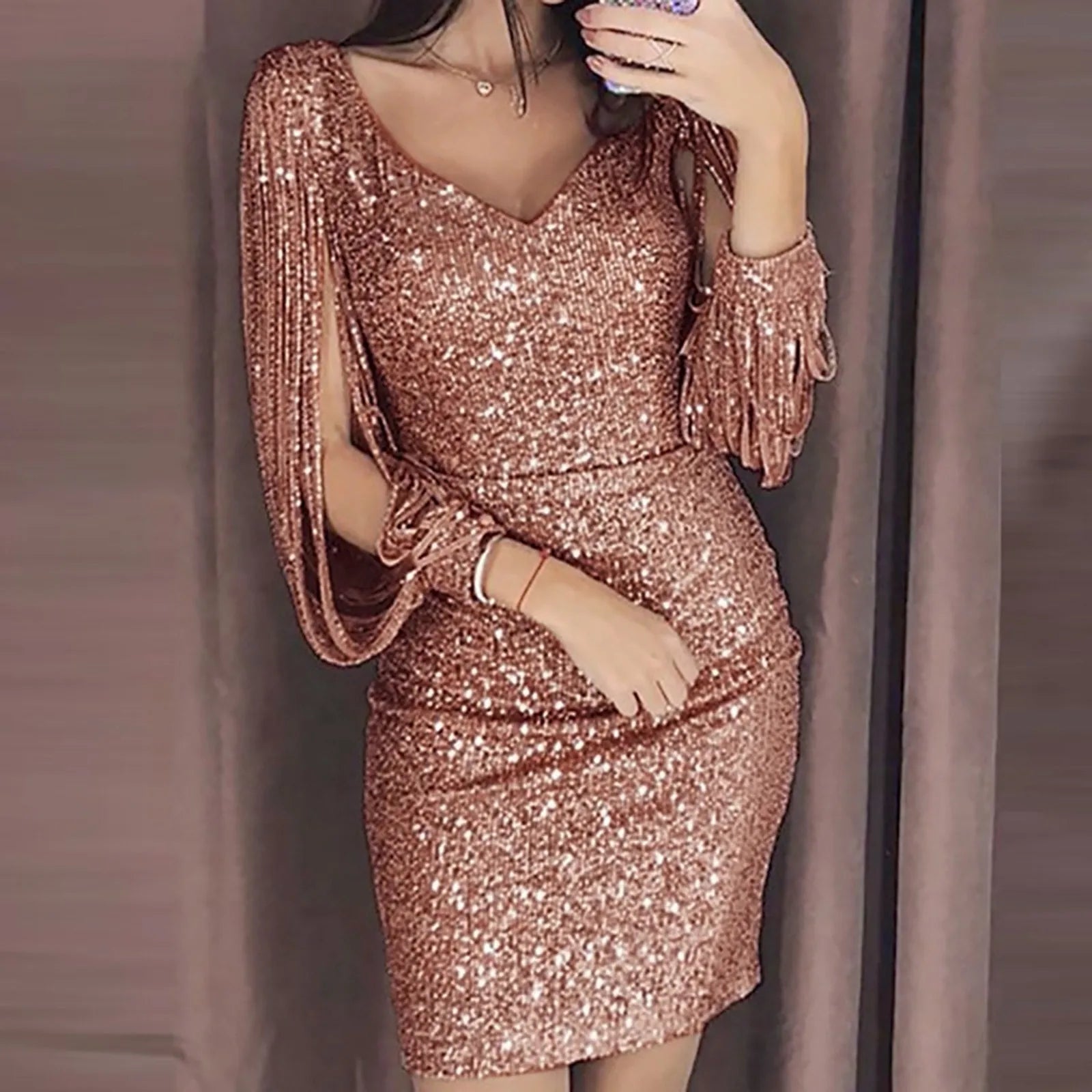 Luna - Silver sequin tassel sleeve Bodycon dress