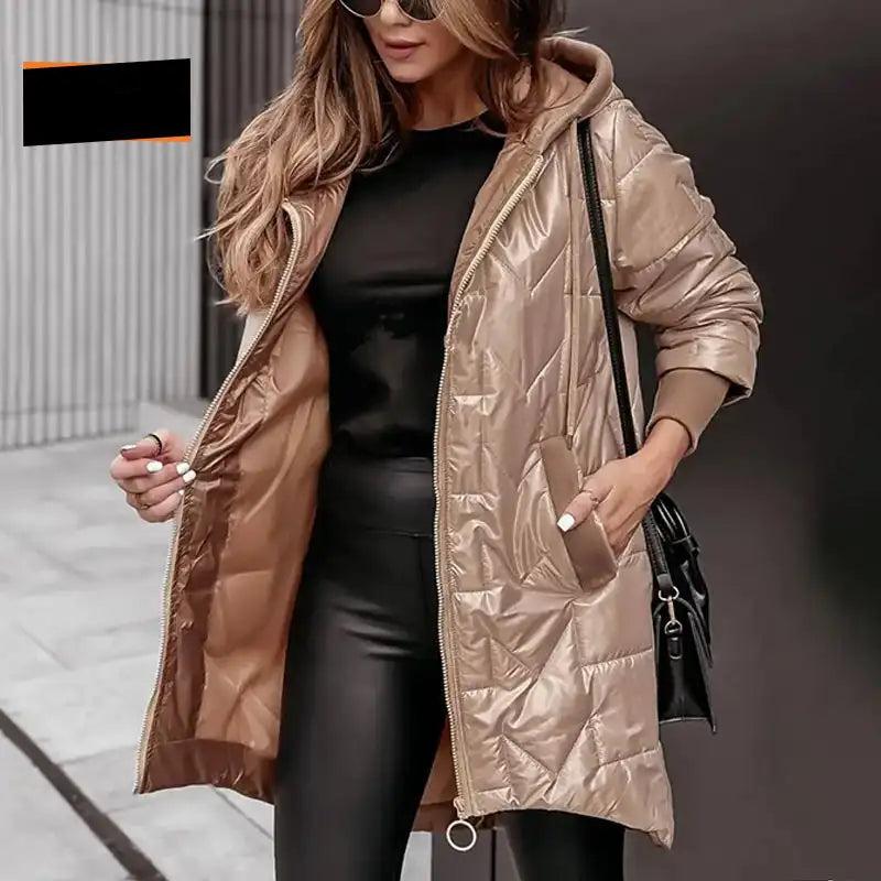 Julie - Elegant long-sleeved coat with zipper, hood, and practical pockets