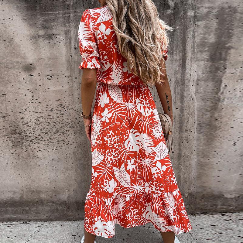 Belinda - Elegant Blooming Midi Dress with V-Neck Charm