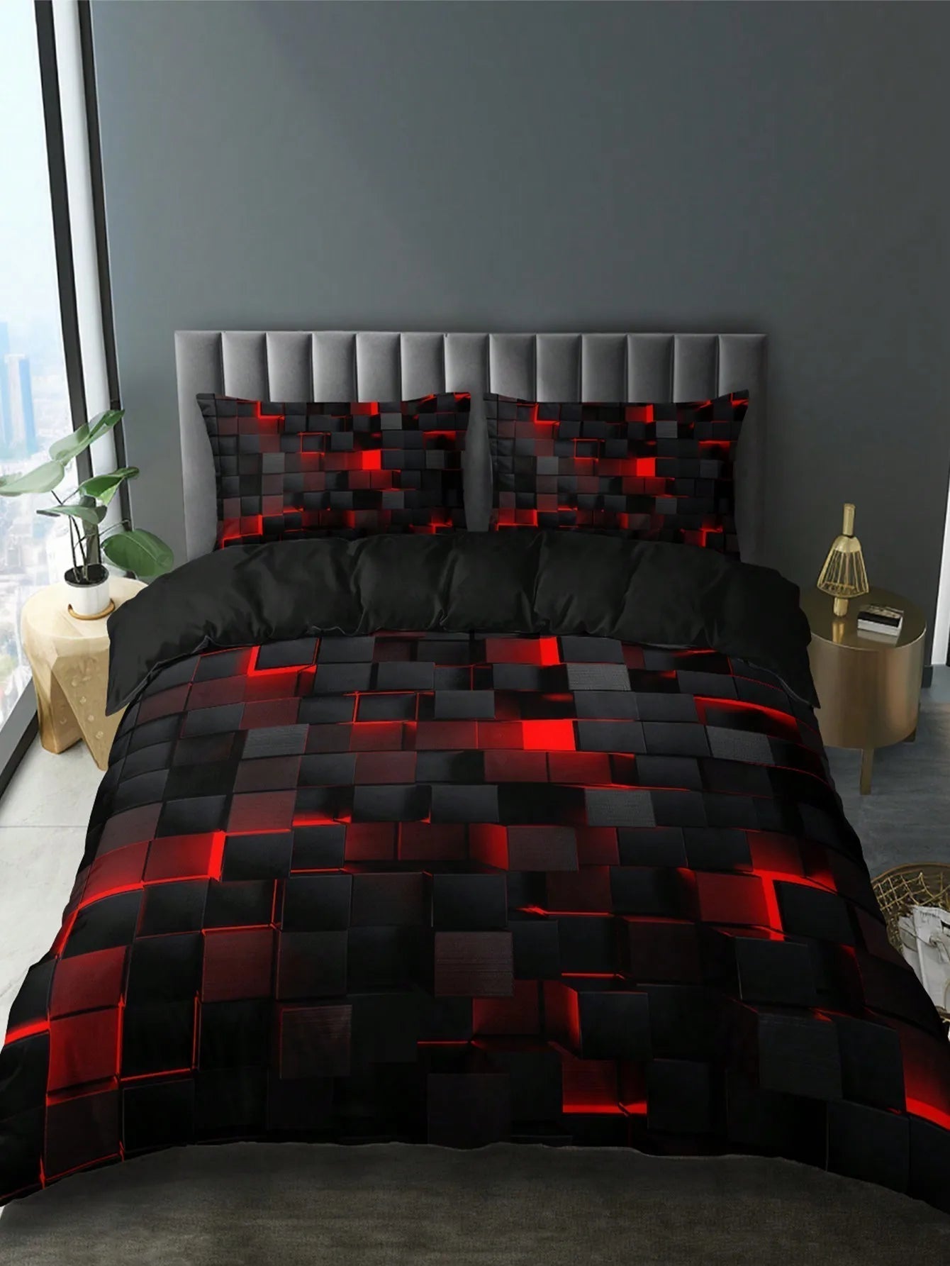 GridLuxe - modern bedding set with dynamic red grid