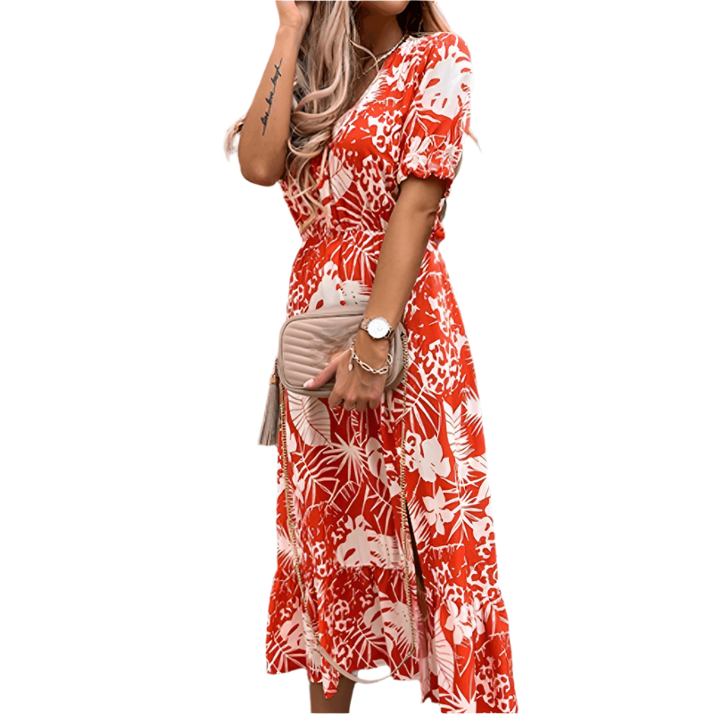 Belinda - Elegant Blooming Midi Dress with V-Neck Charm