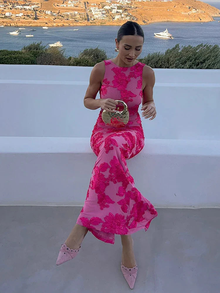 Stella - Pink Floral Pattern Maxi Dress with High Neck
