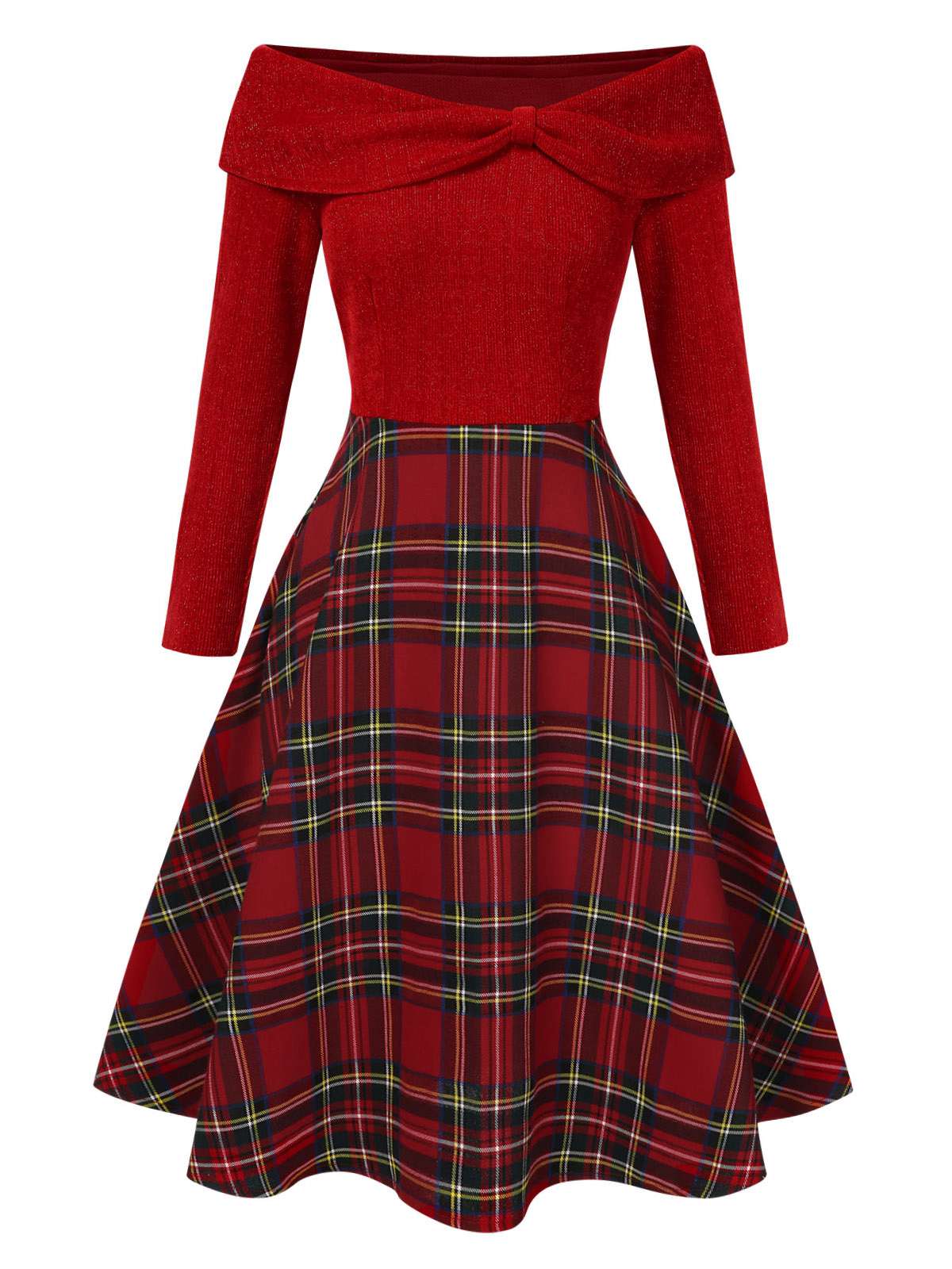 Venus retro July off-shoulder plaid dress