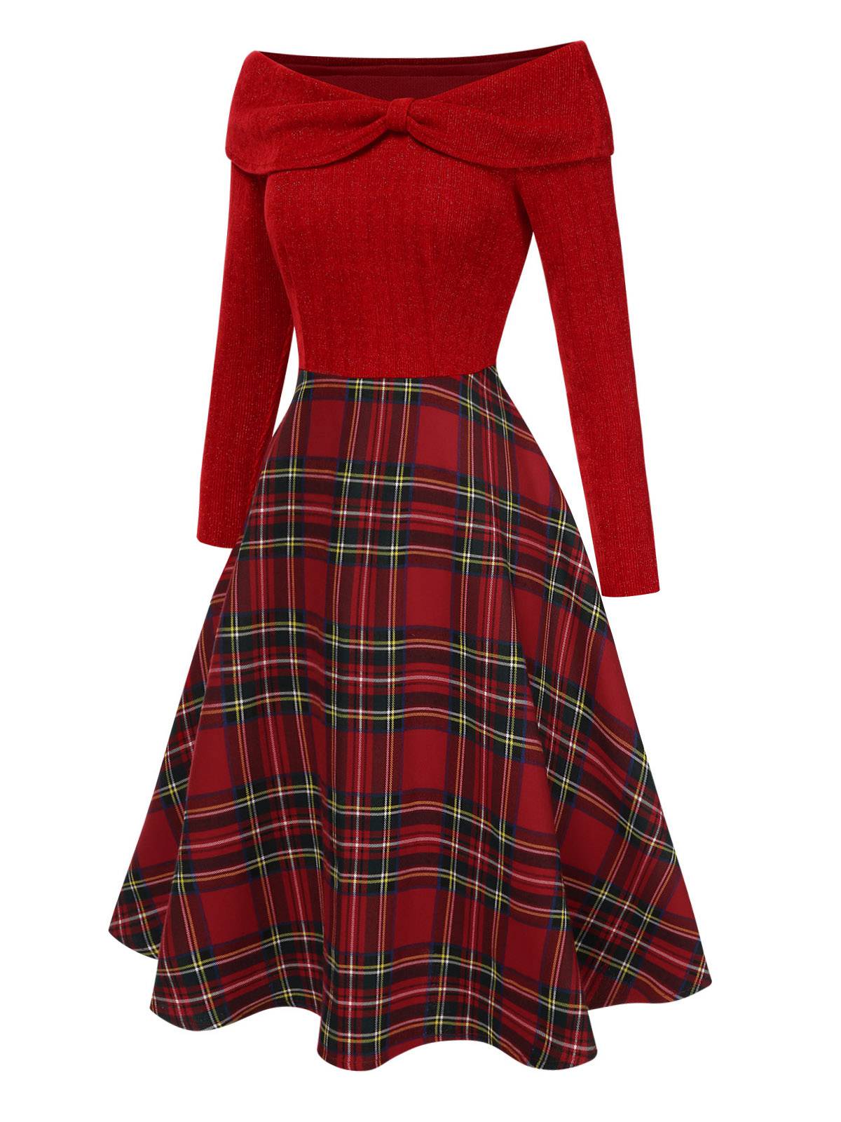 Venus retro July off-shoulder plaid dress