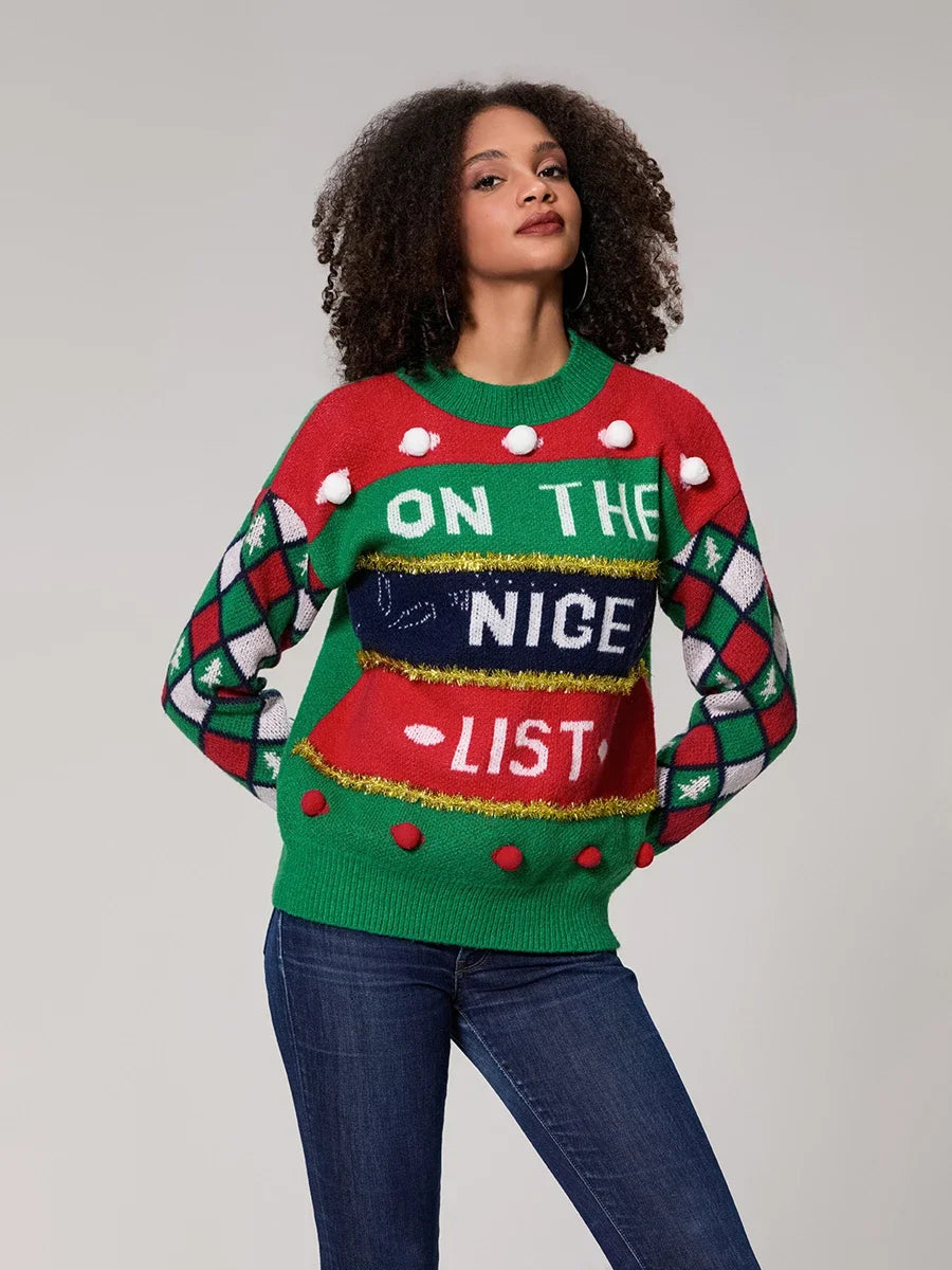 Danica - High Neck Letter Print Christmas Sweater