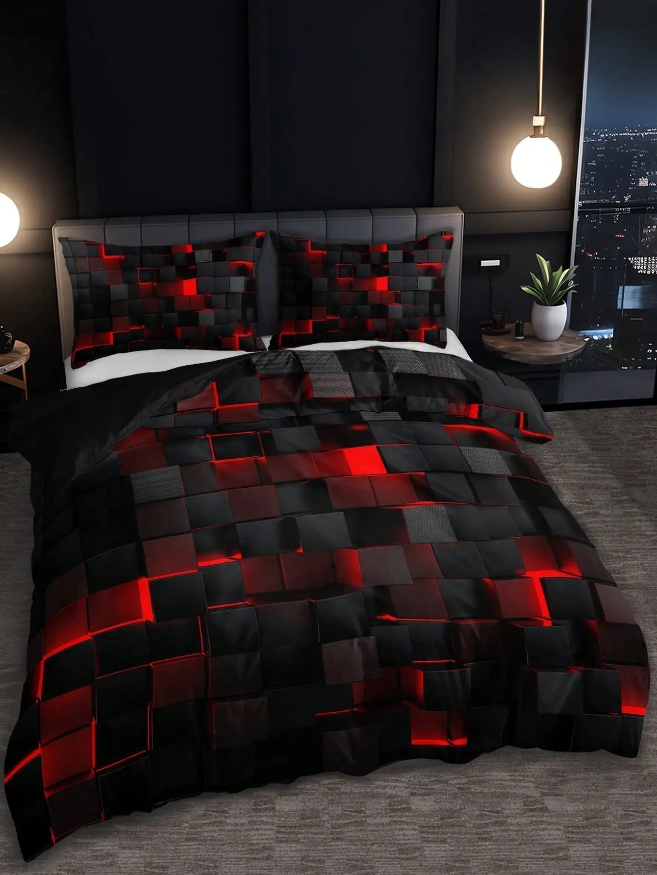GridLuxe - modern bedding set with dynamic red grid