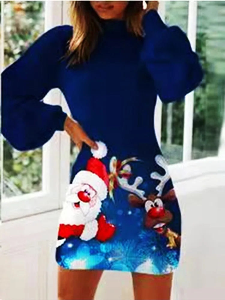 Christmas Print  Long-Sleeved Dress