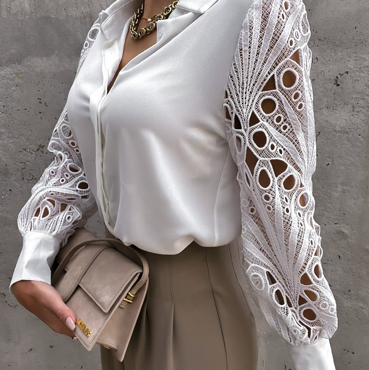 Janicel - Elegant Blouse with Lace Sleeves and Buttons