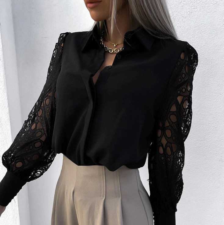 Janicel - Elegant Blouse with Lace Sleeves and Buttons