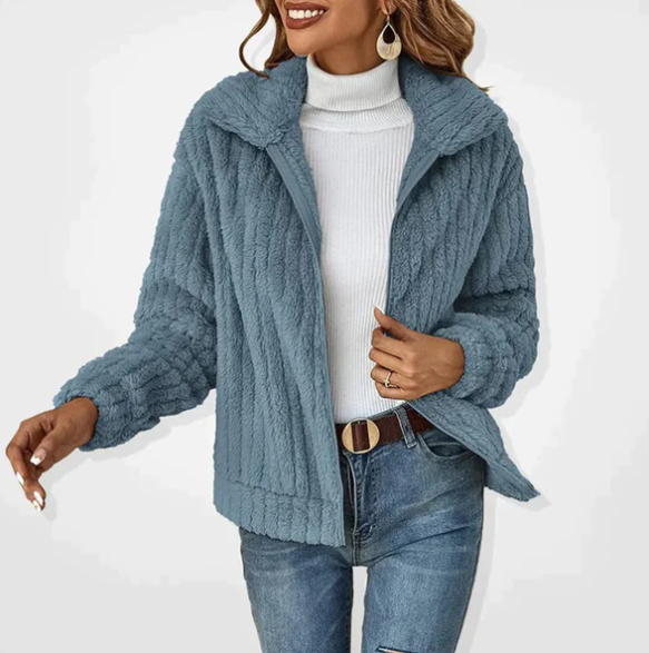 Textured plush fleece jacket in warm colors