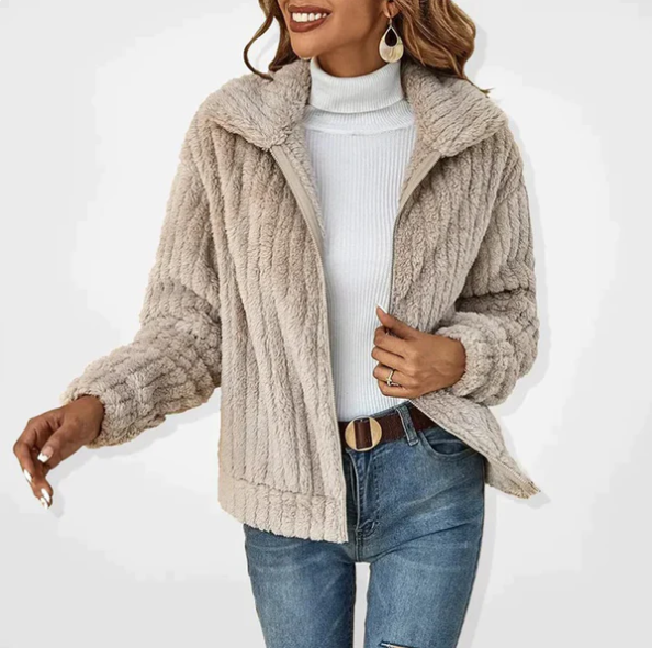 Textured plush fleece jacket in warm colors