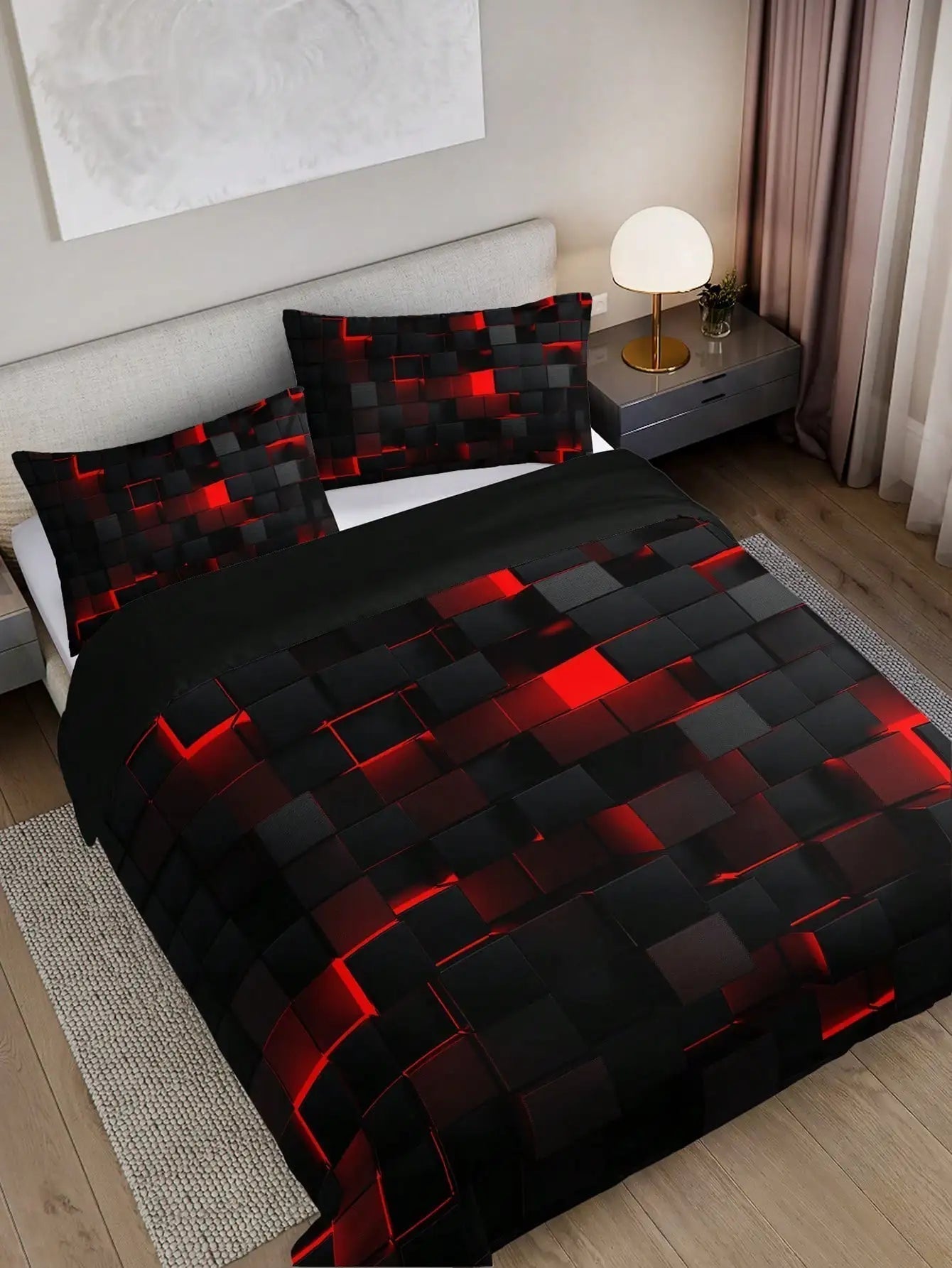GridLuxe - modern bedding set with dynamic red grid