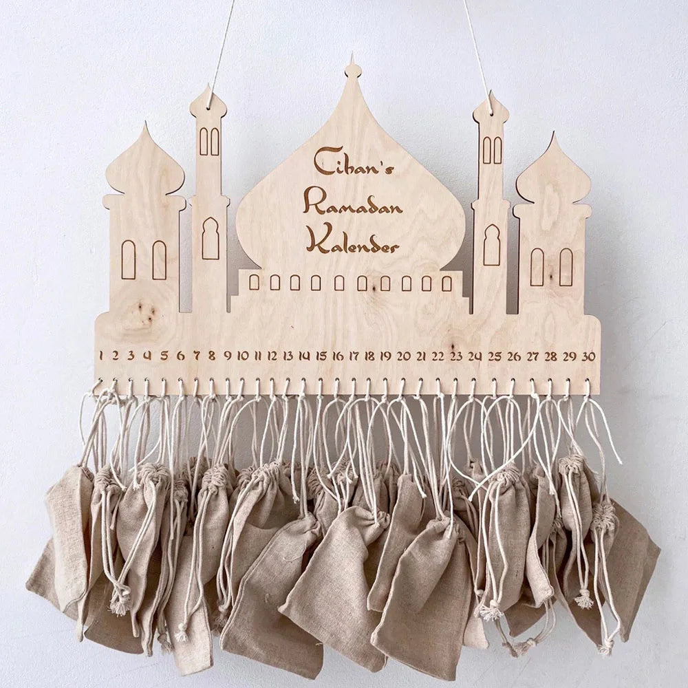 Ramadans Castle Burlap Bag Pendant Wooden Countdown Calendar