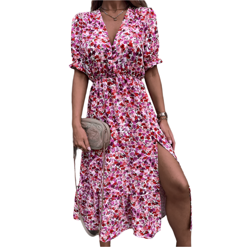 Belinda - Elegant Blooming Midi Dress with V-Neck Charm