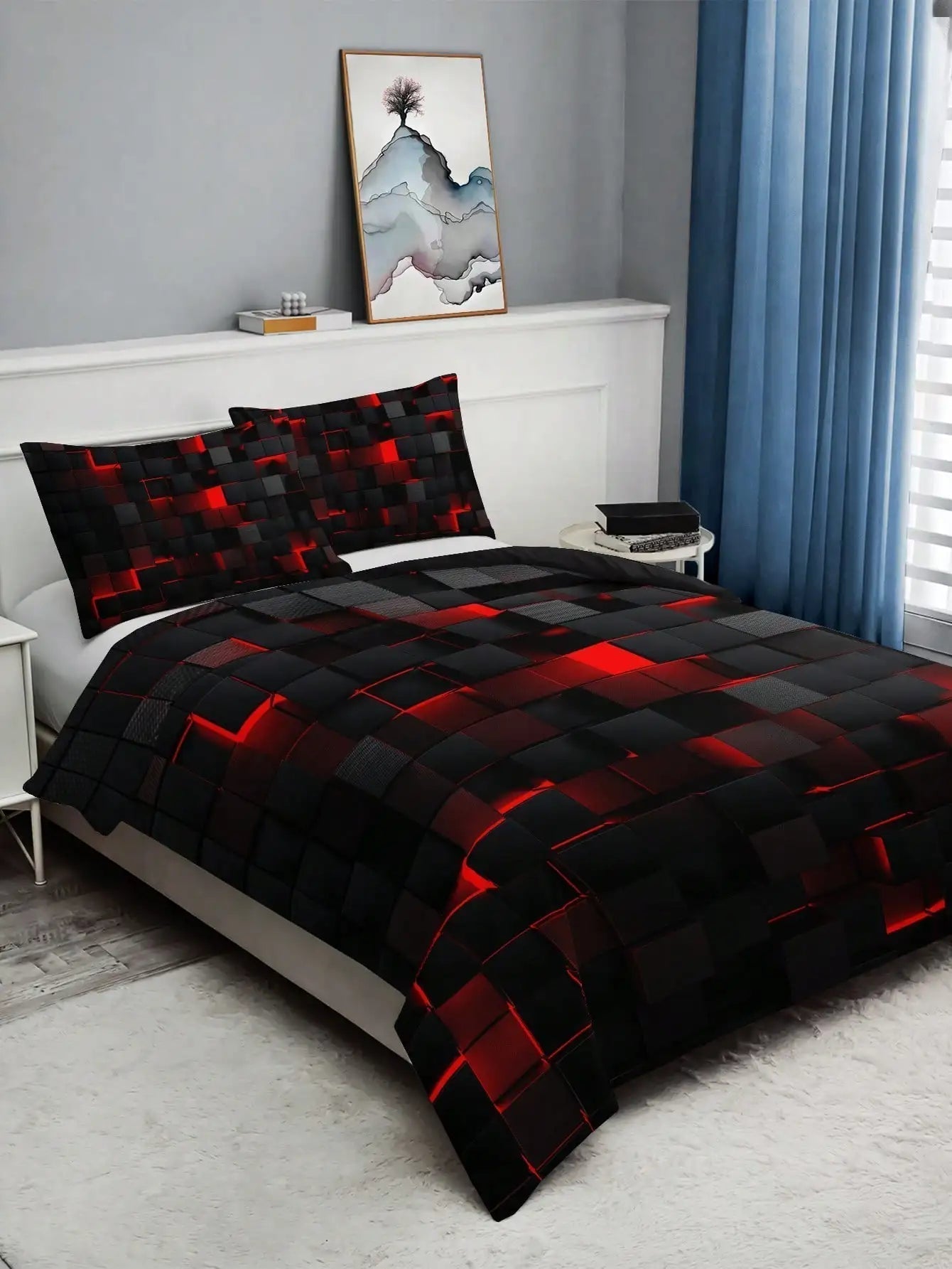 GridLuxe - modern bedding set with dynamic red grid