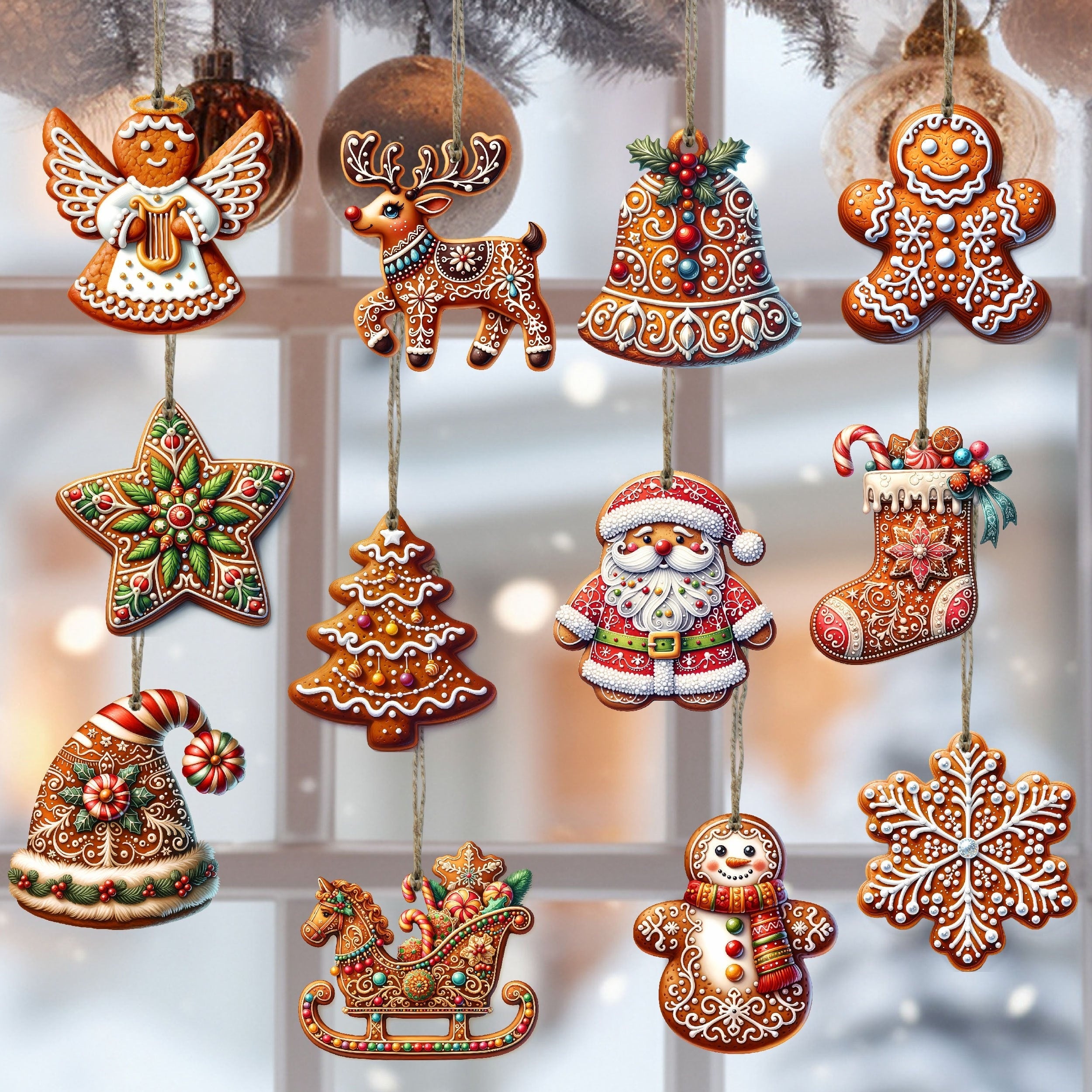 12pcs Handcrafted Wooden Christmas Ornaments Set