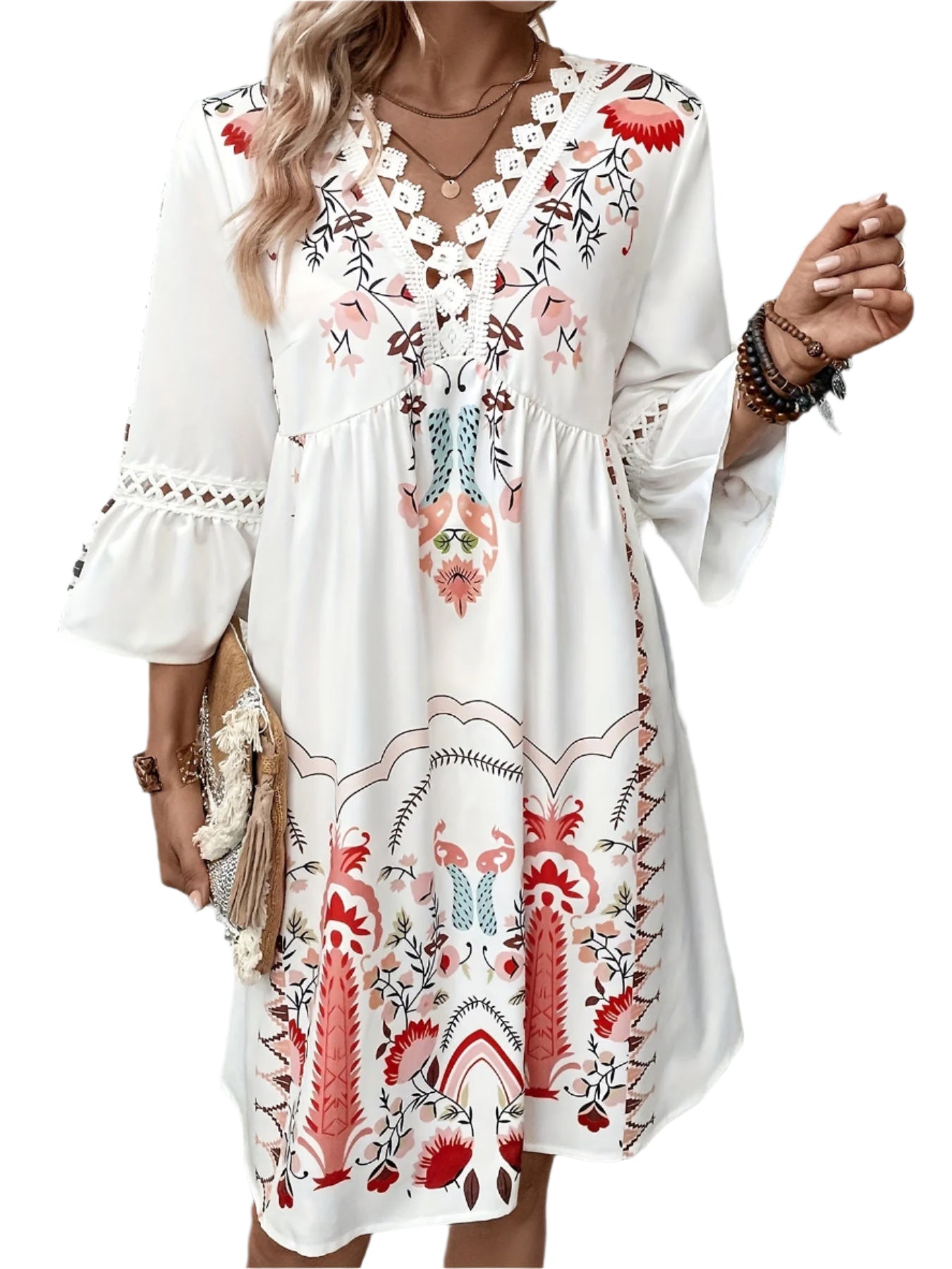 Alma Ethnic Maxi Dress with V-Neck - Boho Style for Women