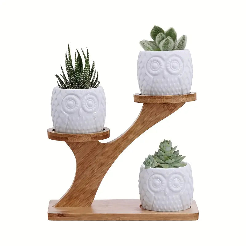 OwlTrio Wooden Plant Holder with Decorative Owl Pots for Indoor Use