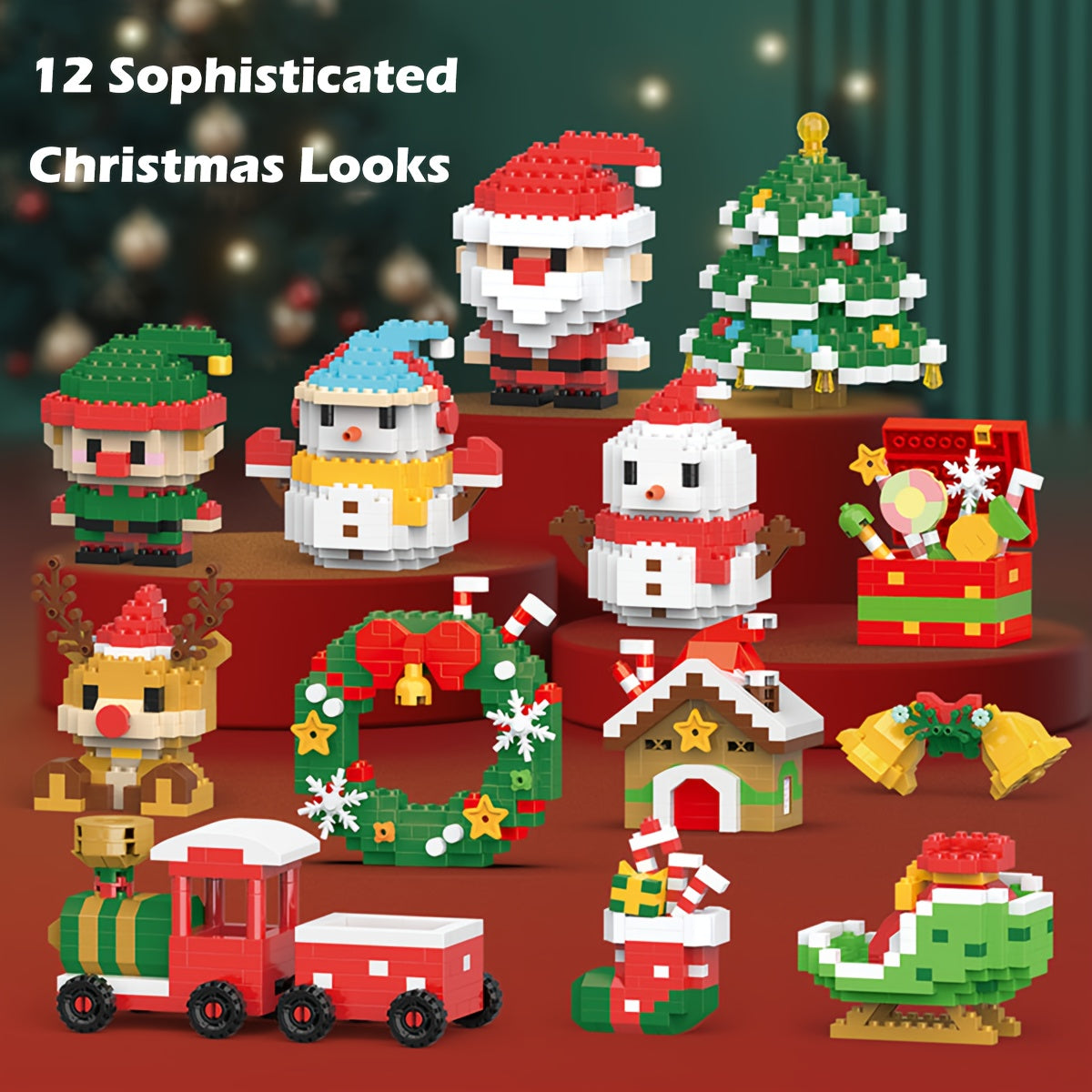 Festive Christmas Mini Building Blocks Set - Includes Tree, Elk, Train & More