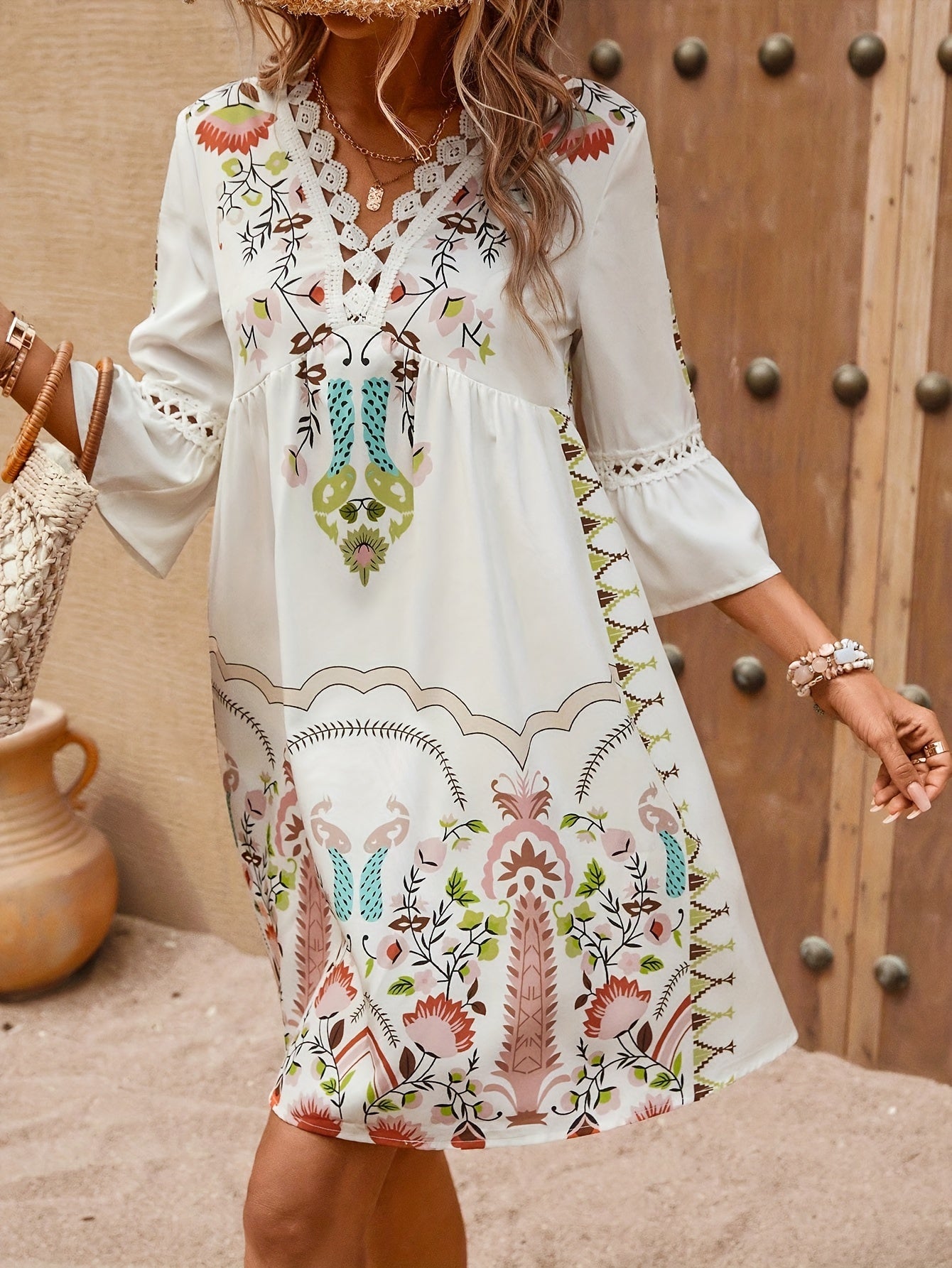 Alma Ethnic Maxi Dress with V-Neck - Boho Style for Women