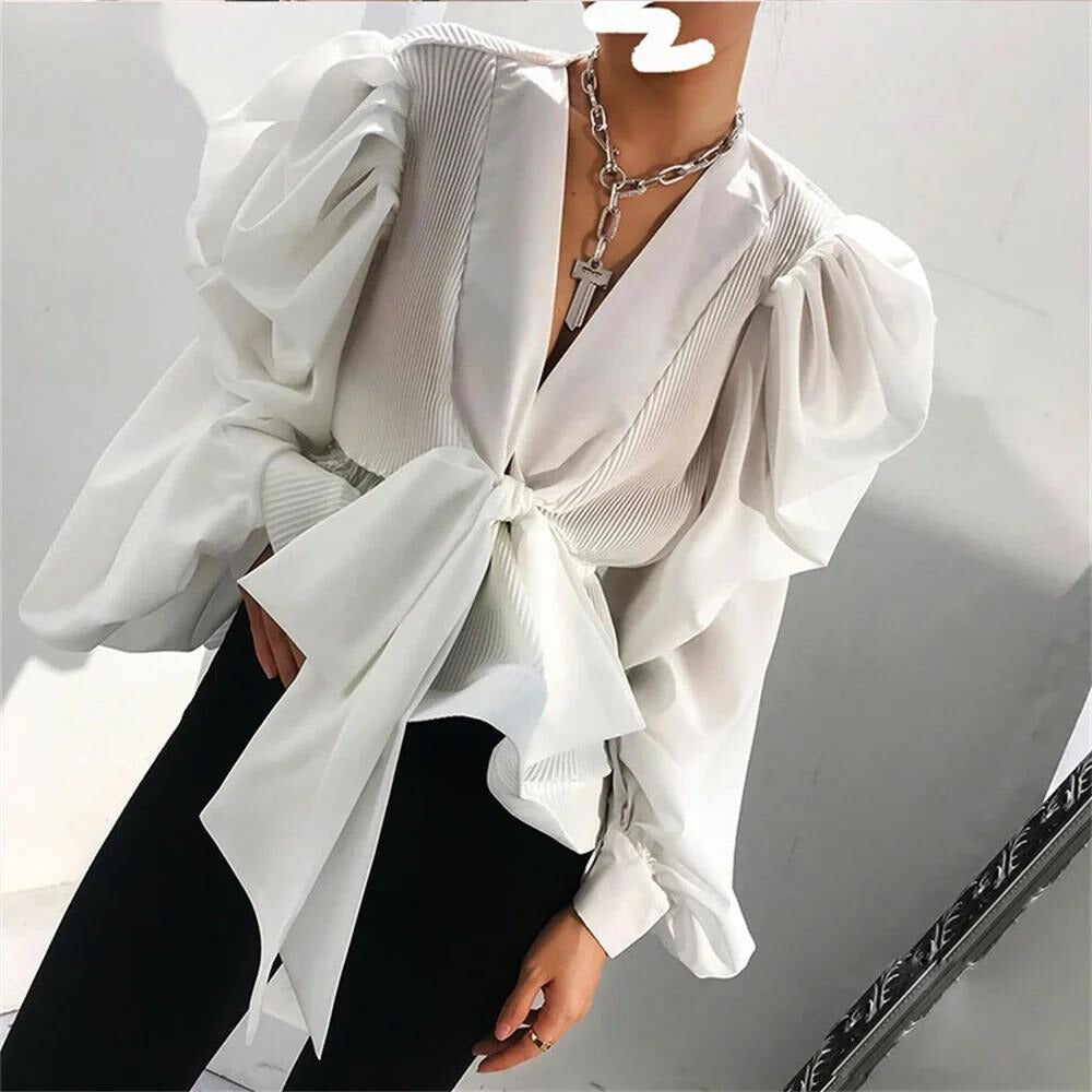 Chloe White Long Blouse with V-Neck