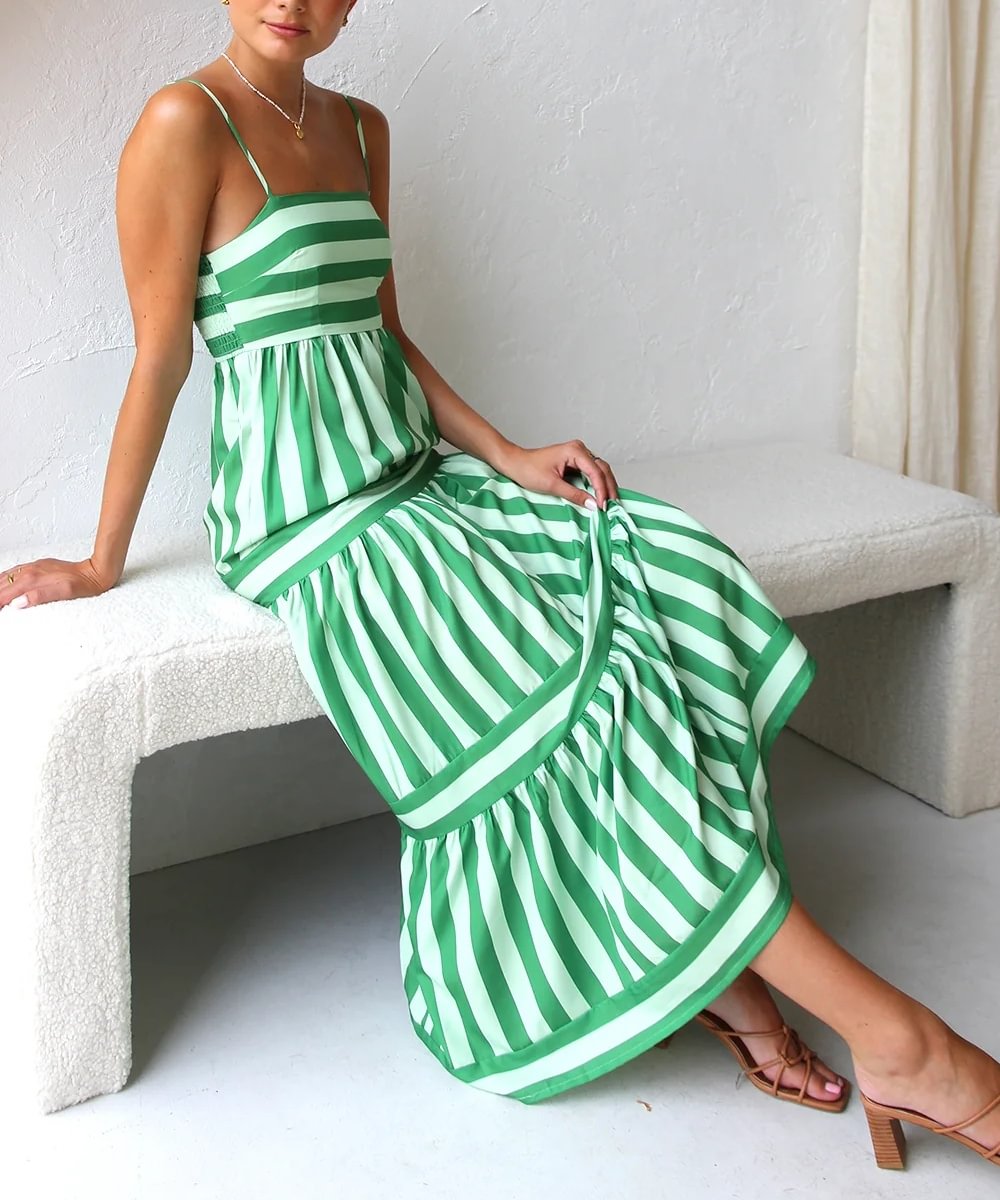 Solene - Striped, tiered maxi dress with fitted bodice and thin straps