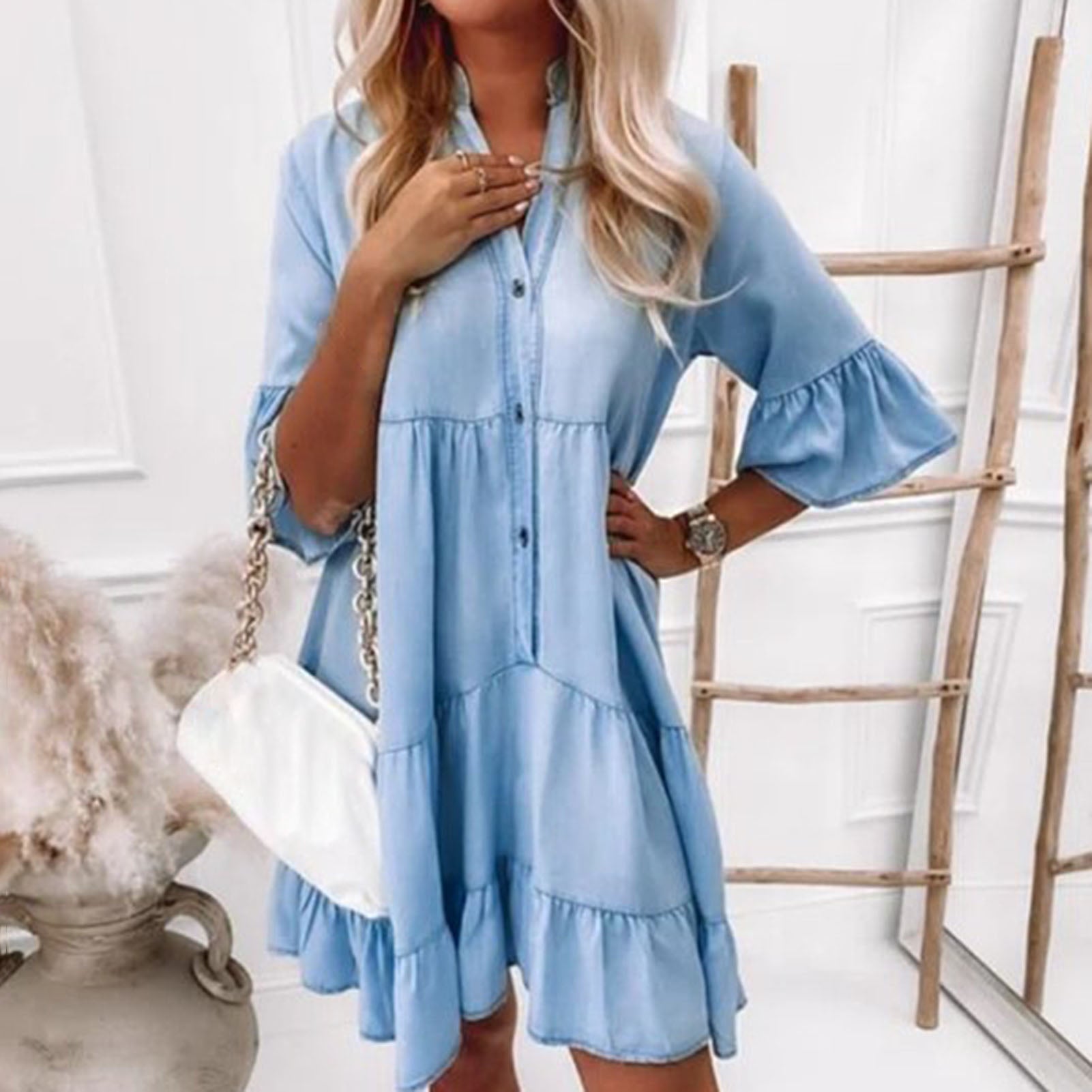 Medusa - Carefree Denim Dress with Layered Silhouette and Bell Sleeves