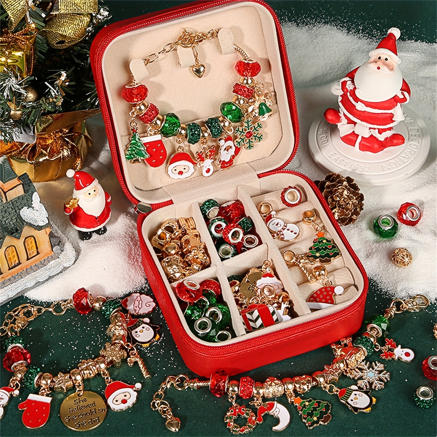 Christmas Charm Bracelet Making Kit, Elegant Red Green Series DIY Beads