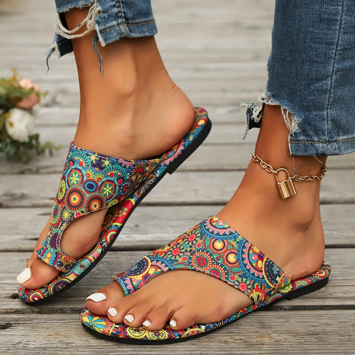 Lily colorful patterned open toe flat Sandals