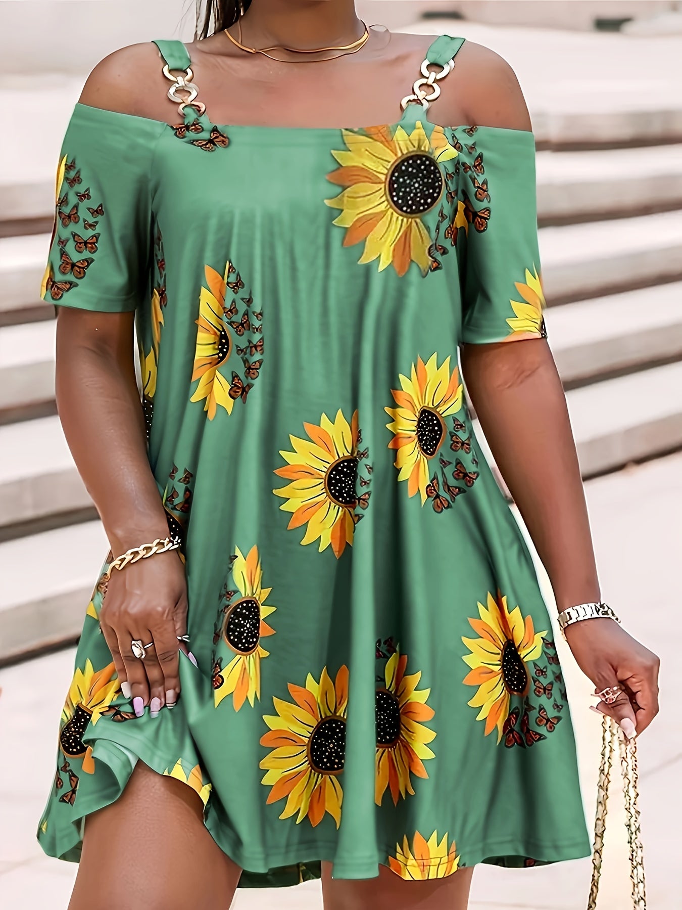 Stylish Sunflower Print Cold Shoulder Dress