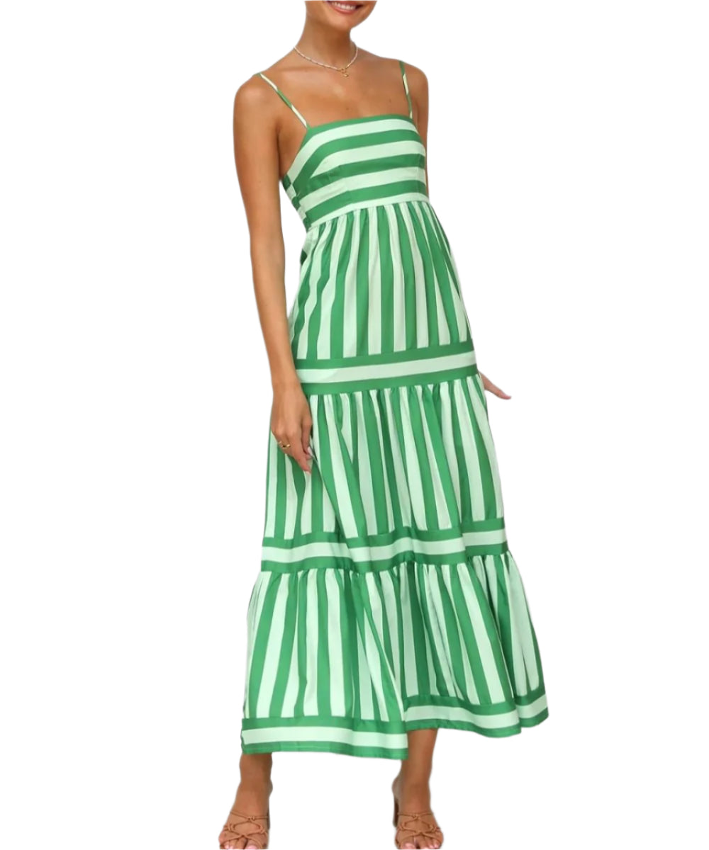 Solene - Striped, tiered maxi dress with fitted bodice and thin straps