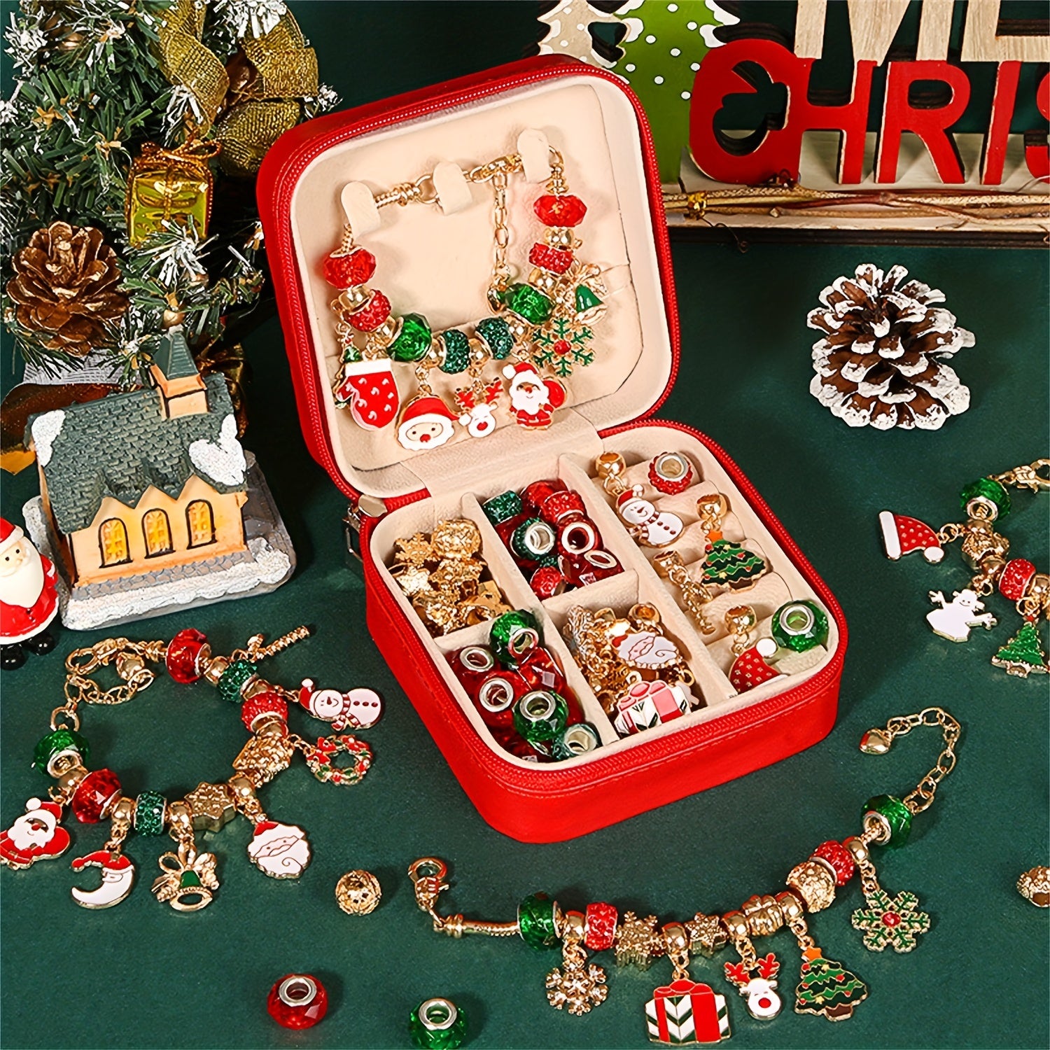 Christmas Charm Bracelet Making Kit, Elegant Red Green Series DIY Beads