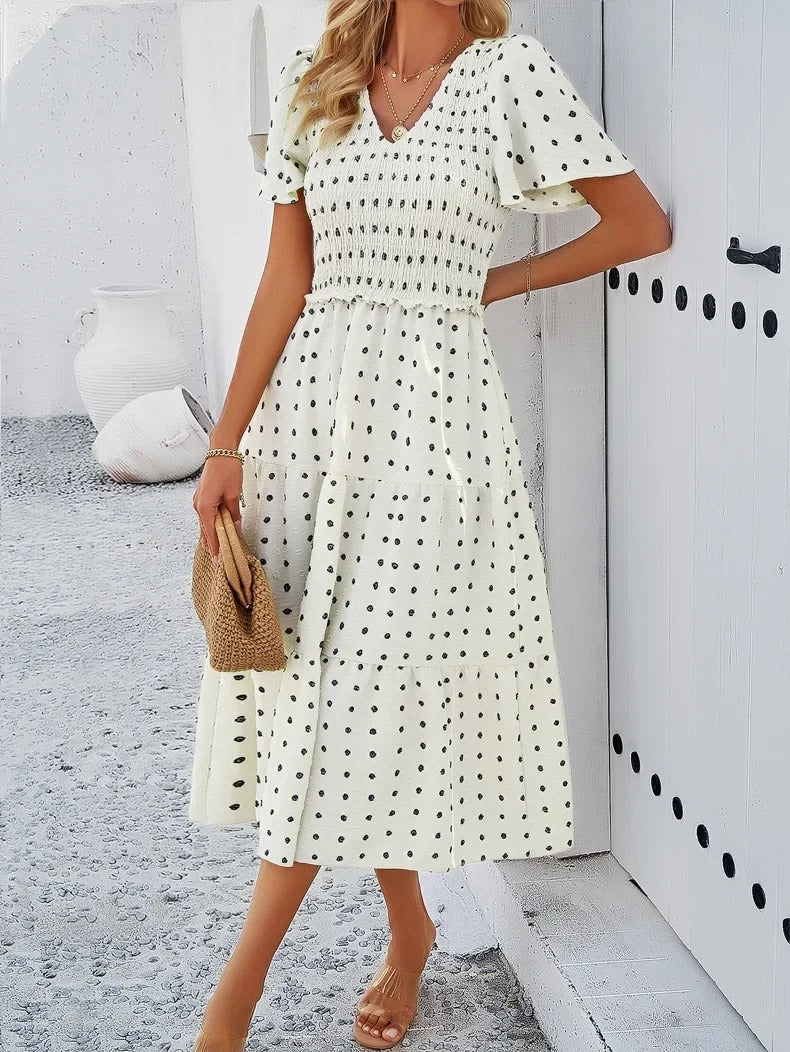 Nelia - Midi dress with polka dot layers and flutter sleeves