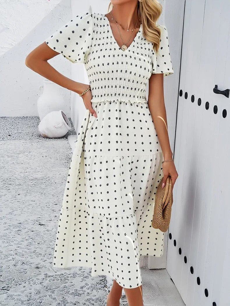 Nelia - Midi dress with polka dot layers and flutter sleeves