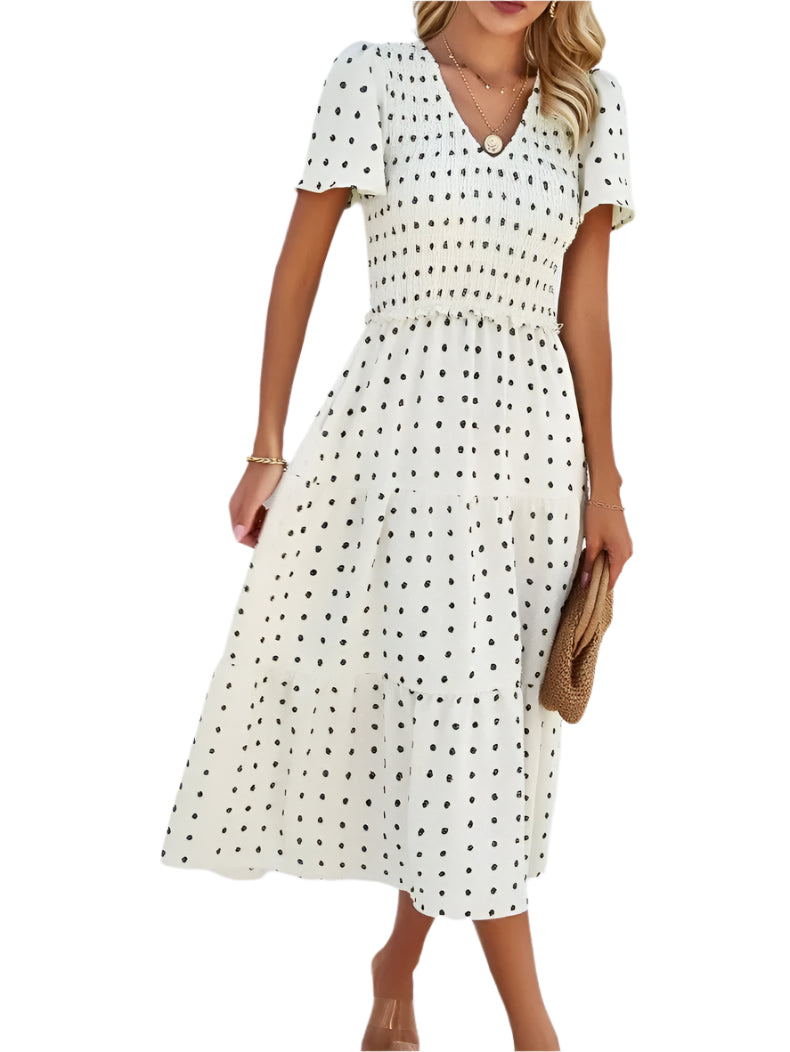 Nelia - Midi dress with polka dot layers and flutter sleeves