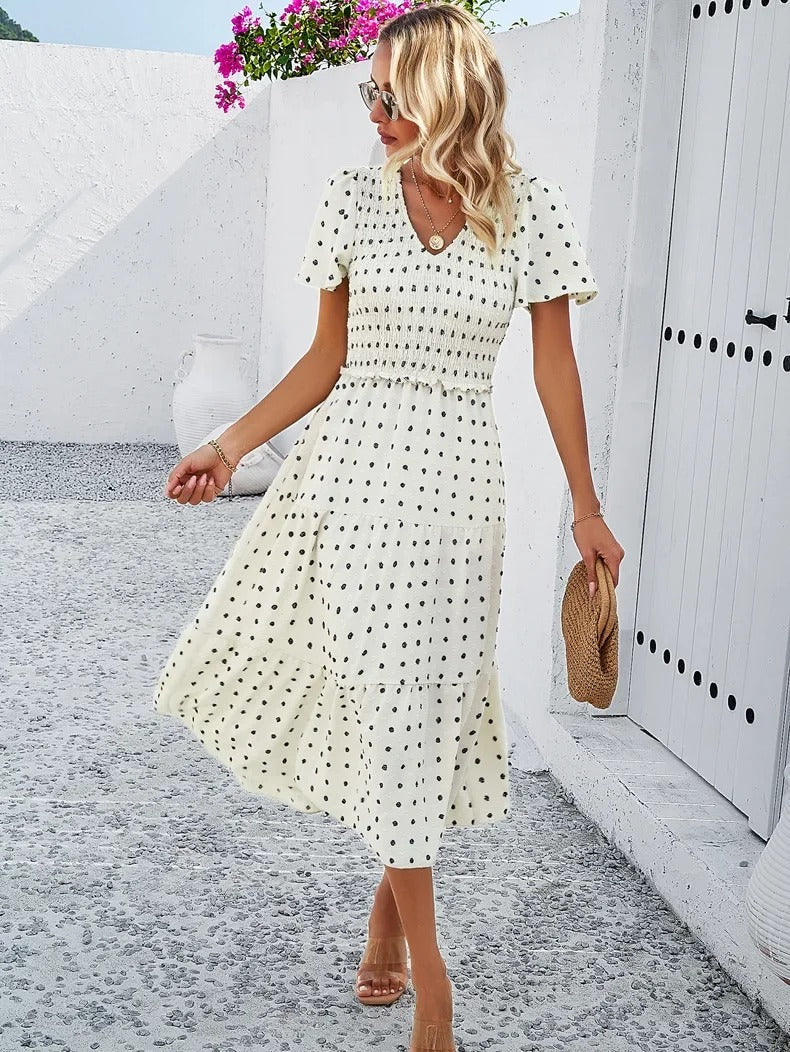 Nelia - Midi dress with polka dot layers and flutter sleeves