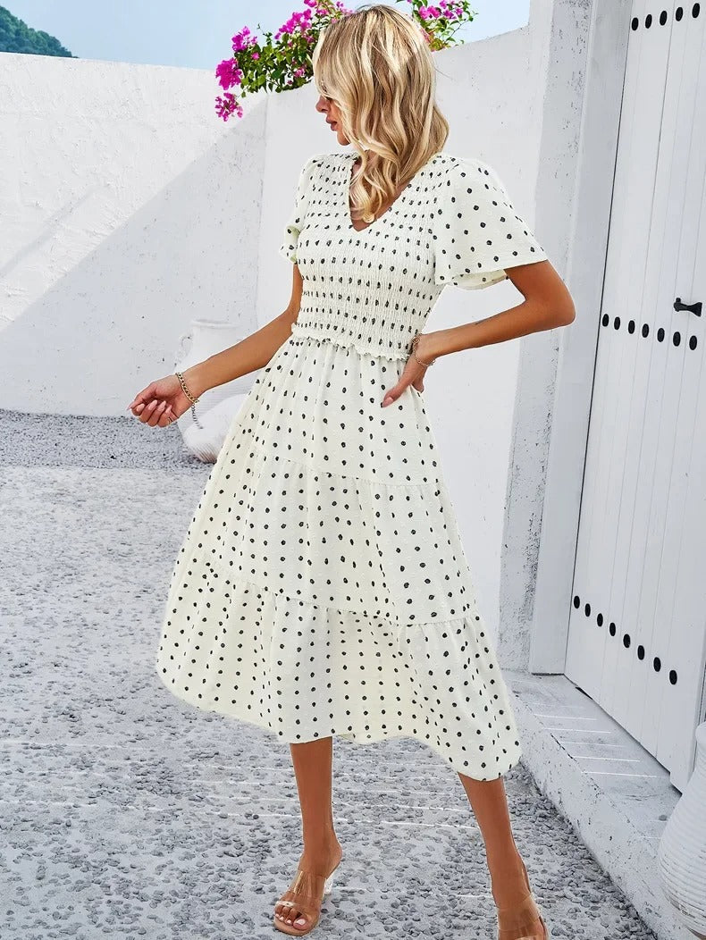 Nelia - Midi dress with polka dot layers and flutter sleeves