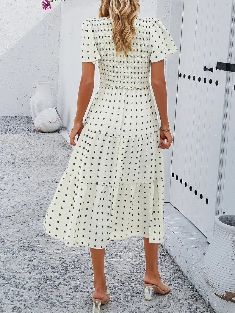Nelia - Midi dress with polka dot layers and flutter sleeves