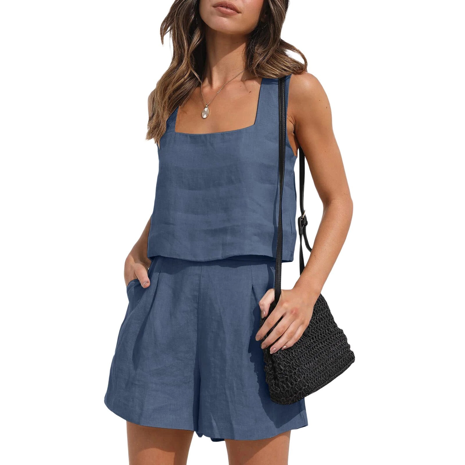 Casual Charm | Square Neckline Top  and Shorts Set with Pockets