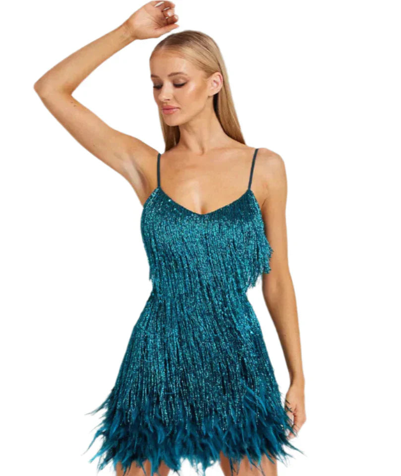 Franceska - Glamorous Fringe and Feather Mini Dress