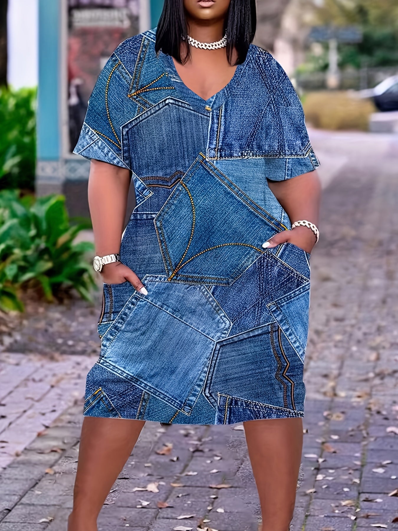 Denim Pocket Design V-Neck Dress